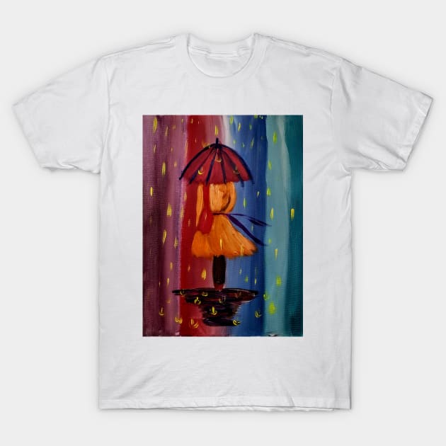 A lady with umbrella and handbag walking down a rain soaked footpath T-Shirt by kkartwork